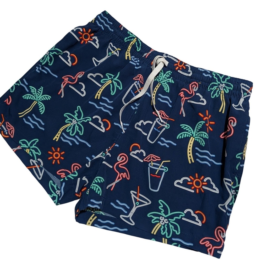 Chubbies Mens Swim Trunks L Navy Neon Tropical Palm Flamingo Drawstring Waist